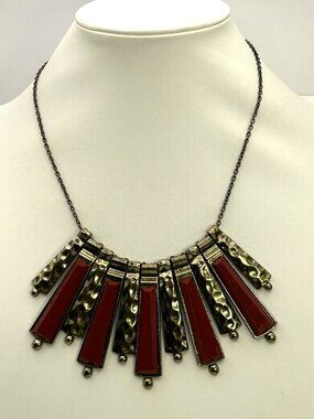 Boho Tribal Statement Bib Necklace Red Geometric Bar Hammered Fringe Collar